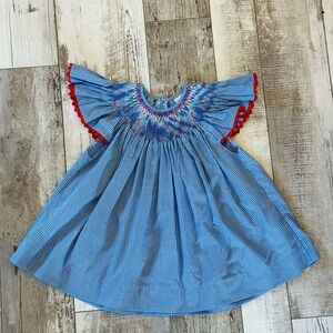 Smocked Blue Gingham Blouse with Red Trim